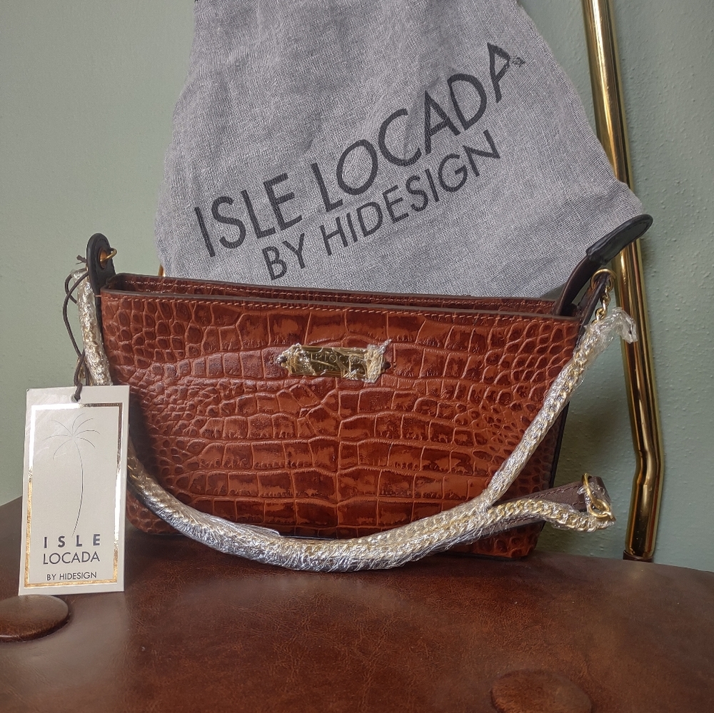 NWT Isle Locada Boracay 100% leather handbag crossbody rich brown cognac color